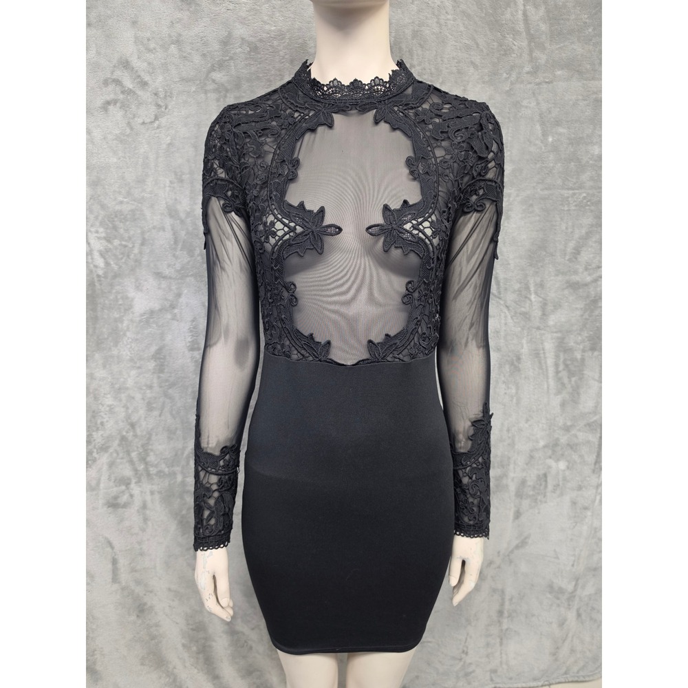 Y2K 90s Sexy Black Lace Sheer Bodycon Mini Dress Long Sleeve Whimsigoth Witch